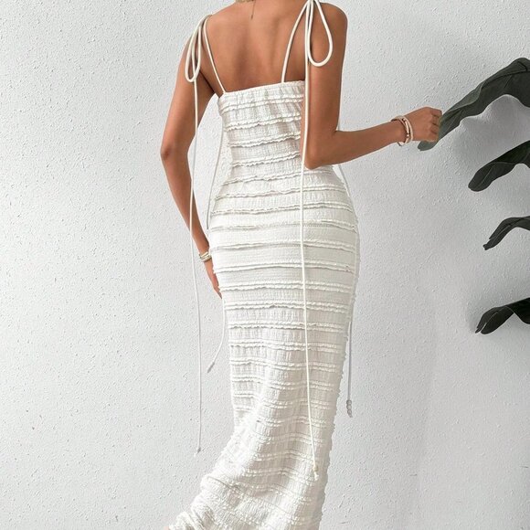 White Boho Womens Knotted Shoulder Cami Bodycon Dress - Picture 2 of 5